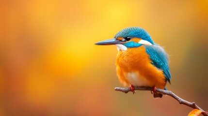 Wall Mural -  A small bird, colored blue and orange, perches on a branch against a backdrop of softly blurred oranges and yellows