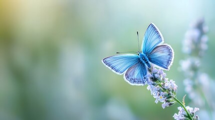 Poster -  A blue butterfly atop a purple flower against a green-white background, dotted with white flowers in the foreground