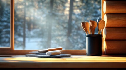 Wooden Kitchen Utensils in Log Cabin Window