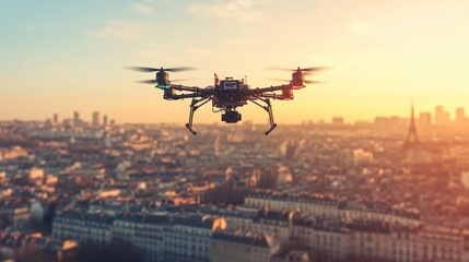 Poster - High-tech drone integrates robotic arms, performing aerial surveillance over an urban landscape, scanning rooftops for data.
