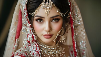 Traditional bridal beauty featuring intricate makeup and a stunning jeweled headpiece