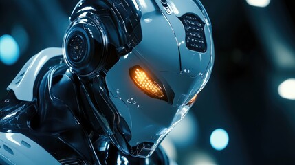 Poster - High-tech robot featuring advanced AI technology, with glowing interfaces and futuristic mechanics in a sci-fi setting.