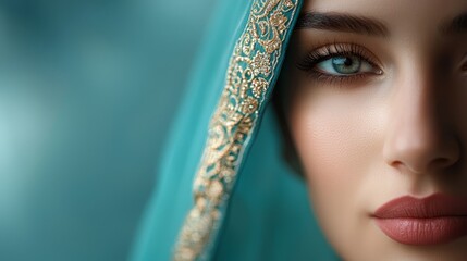  A close-up of a woman in a blue dress wearing a veil over her head