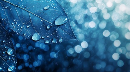 Poster -  A blue leaf with dew drops and blurred background..Blue leaf, close-up: water droplets, blurred backdrop..Up-close