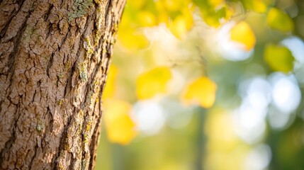 Canvas Print -  A tree trunk at the foreground, closely framed, surrounded by a backdrop of numerous green leaves on trees in the background, with a tree softly blurred in the near distance