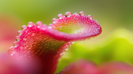 Canvas Print -  A tight shot of a pink blossom, adorned with dewdrops on its petals, against a verdant backdrop