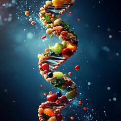 a visually striking dna helix made of assorted fruits, vegetables, and nuts, symbolizing the connect