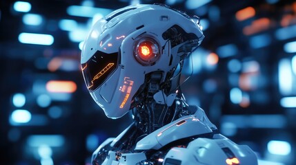 Poster - High-tech robot featuring advanced AI technology, with glowing interfaces and futuristic mechanics in a sci-fi setting.