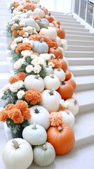 Wall Mural - Vibrant orange and white pumpkins are artfully arranged with colorful mums on the porch steps of a house, showcasing a charming fall decoration theme