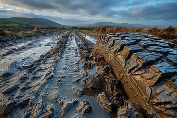 A muddy and rugged off-road trail in a picturesque countryside landscape with deep tire tracks left by vehicles through saturated soil under a dramatic sky