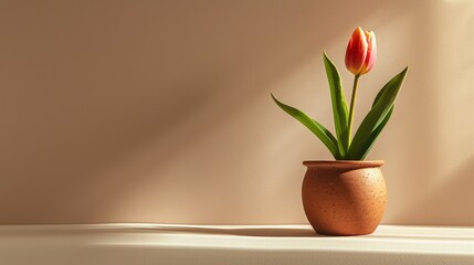 Wall Mural - tulip in full bloom, nestled in a simple ceramic pot.