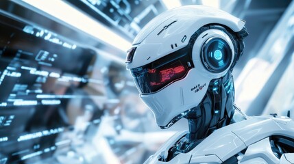 Poster - Illustration of a futuristic robot with sleek design, advanced technology, and precision, operating in a high-tech environment.