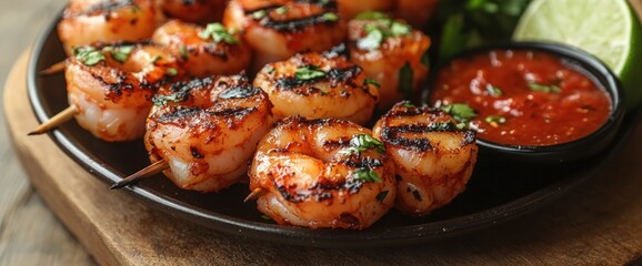 Wall Mural - Grilled shrimp skewers served with lime, salsa, and fresh herbs on a wooden platter.