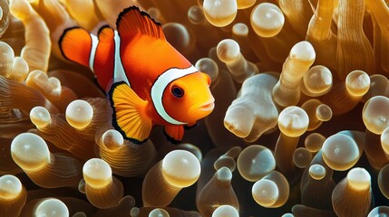 A colorful clownfish darting in and out of a sea anemone, its orange and white stripes vivid against the water.