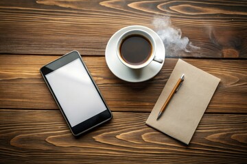 A sleek, modern smartphone with a blank white screen lies on a clean wooden desk, surrounded by scattered notes and a cup of steaming coffee.