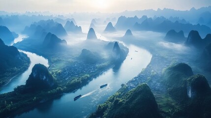 Sticker - Serene Morning Mist Over Karst Mountains