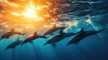 A group of dolphins swimming in formation near the surface of the ocean at sunrise.