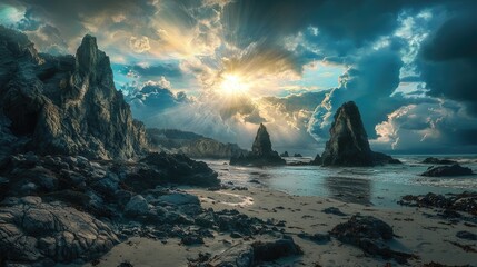 Wall Mural - a holy flash of arcane light on a rocky desolate fantasy coast, 16k, HDR,