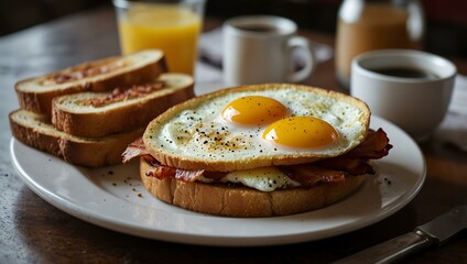 Classic diner breakfast with eggs, bacon, and toast.