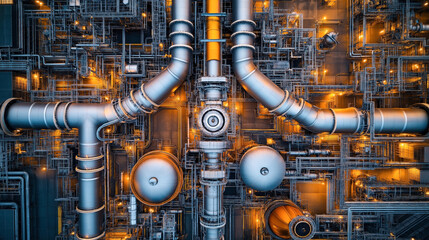 Wall Mural - Aerial view of an industrial facility with interconnected pipes, valves, tanks, and complex machinery, illuminated by orange lights, showcasing a futuristic mechanical system.