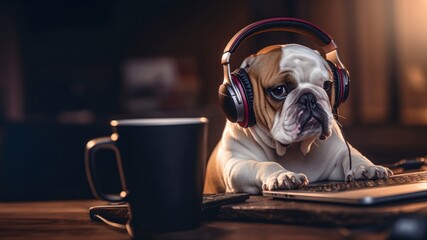 Poster - Dog wearing headphones bulldog mammal pet.