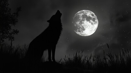 A solitary wolf howling at the full moon, its silhouette outlined against the night sky and the quiet wilderness.