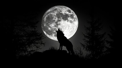  A solitary wolf howling at the full moon, its silhouette outlined against the night sky and the quiet wilderness.