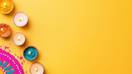 Sticker - Yellow Background with Diya, Candles and Rangoli.