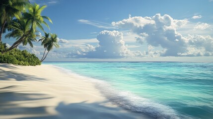 A tropical lagoon with small waves gently lapping against the white sandy shores.