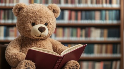 A cute teddy bear reading a book in a cozy library filled with colorful shelves, perfect for children's literature themes.