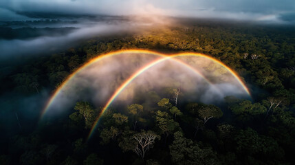 Wall Mural - Aerial view of a forest canopy shrouded in mist with intersecting rainbows creating a stunning visual effect. Mist and clouds add an ethereal quality to the landscape.