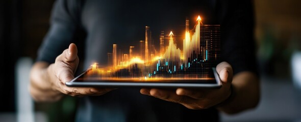 A man's hands hold a tablet with a glowing financial chart.