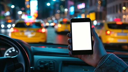 A blank form on a smartphone screen, held up by a passenger in a taxi, ready to display your custom poster
