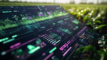 Poster - Close-up of a digital dashboard showing crop yields, soil conditions, and irrigation schedules in a smart farm.