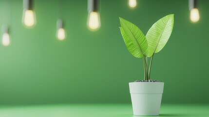 Sticker - Green Plant in White Pot on Green Background.