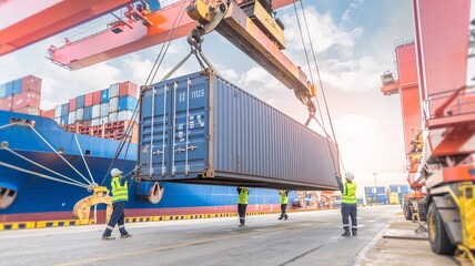 Efficient Cargo Handling at Busy Port Terminal. A large container being lifted by a crane at a bustling port, with dockworkers overseeing the operation.