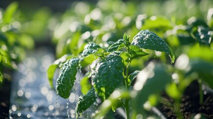 Close-up of a smart irrigation system drip-feeding water to crops, minimizing waste and optimizing water use.