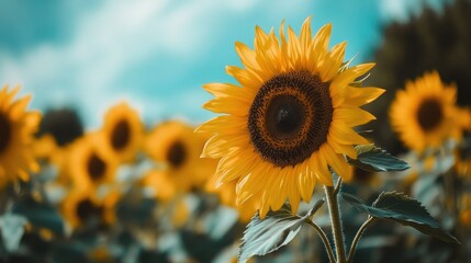 Poster - Close-up of a sunflower field, with vibrant yellow blooms stretching towards the sky.