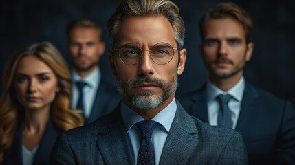 Business team in formal attire posing confidently against a dark background in a corporate setting