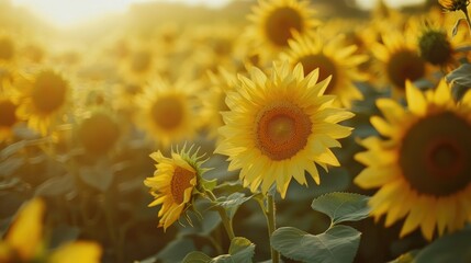 Poster - Close-up of sunflowers blooming in a field during summer, swaying in the wind.