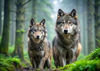  Majestic gray northwestern wolves roam freely in a lush, misty forest, their piercing eyes and sharp teeth a testament to their wild, untamed nature.