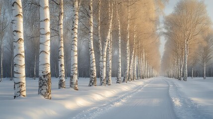 Poster - Snowy Birch Tree Forest Path