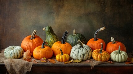 Wall Mural - A moody vertical still life composition featuring a variety of pumpkins, showcasing their unique shapes and colors in an atmospheric setting.