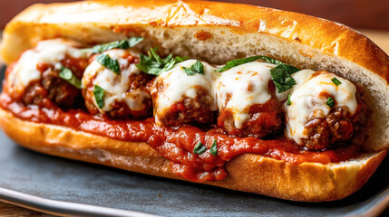 Canvas Print - A close-up photo of a meatball sub with marinara sauce and melted cheese, garnished with chopped herbs, on a hoagie roll.