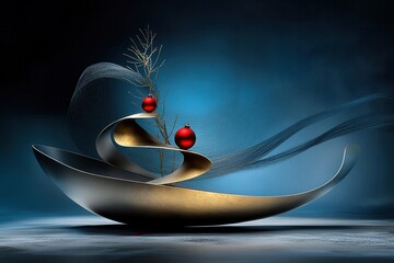 Christmas background - Christmas ornaments on a curved metallic structure with abstract design and blue backdrop