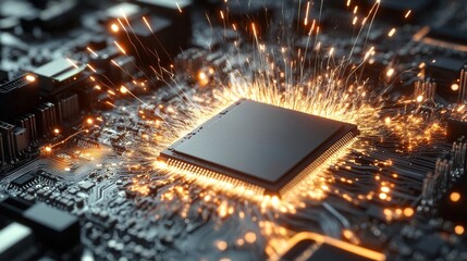 A high-tech close-up of a computer chip surrounded by glowing sparks, showcasing advanced technology and innovation.