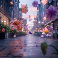 A whimsical street scene filled with vibrant flowers and lanterns, creating a dreamy and enchanting atmosphere.