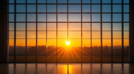 Wall Mural - A stunning sunset viewed through a glass window, casting warm light across the room, creating a calm and inspiring atmosphere.