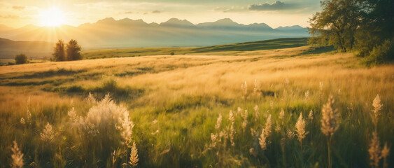 Sunset in the mountain valley. Beautiful natural landscape in the summer time