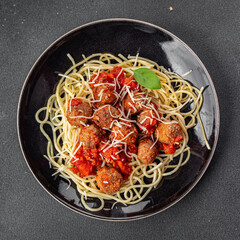 spaghetti meatballs in tomato sauce meat fresh meal food snack on the table copy space foodbackground rustic top view